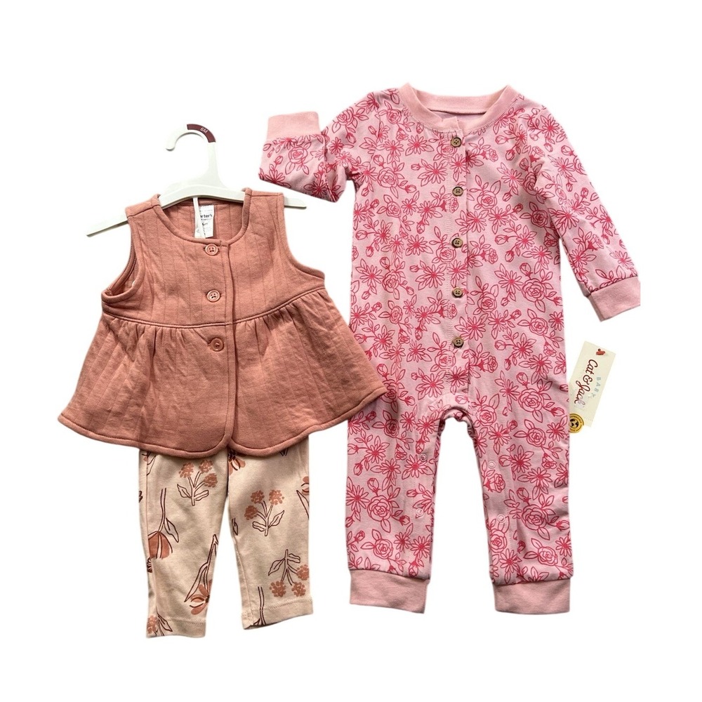Carters / Cat & Jack 6 Months Baby Girl Lot Shirt/Pants Set & Sleeper Pink Peach